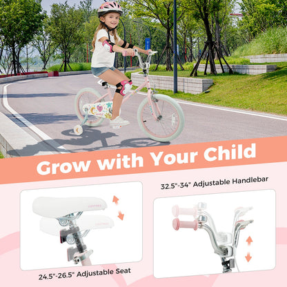 Pink kids bike with stars and moon design, 12-18 inch size, includes training wheels, suitable for young children.