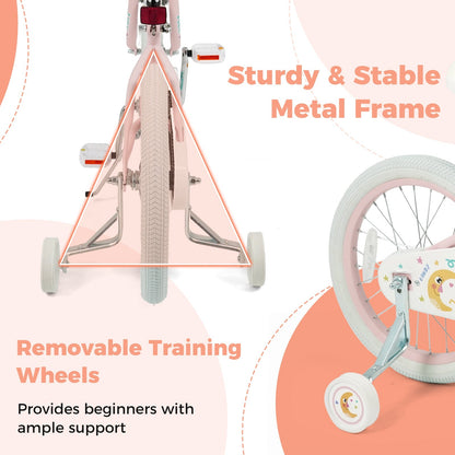 Pink kids bike with stars and moon design, 12-18 inch size, includes training wheels, suitable for young children, by GBruno Store.