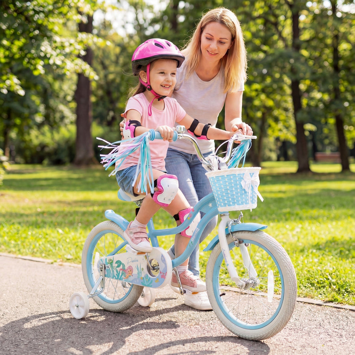 Kids bike by GBruno Store with 18-inch wheels, training wheels, and front basket, ideal for young children learning to ride.