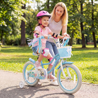 Kids bike by GBruno Store with 18-inch wheels, training wheels, and front basket, ideal for young children learning to ride.