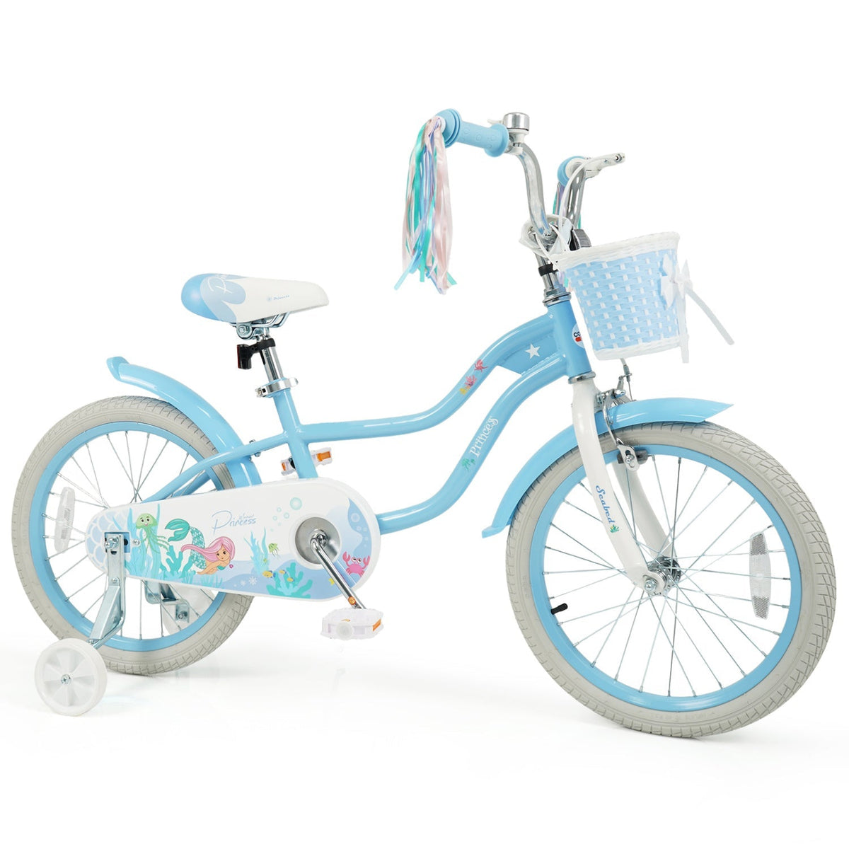 Kids bike by GBruno Store with 18-inch wheels, training wheels, and a front basket for young children learning to ride.