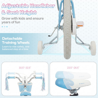 Kids bike by GBruno Store with 18-inch wheels, training wheels, and a front basket, suitable for young children.