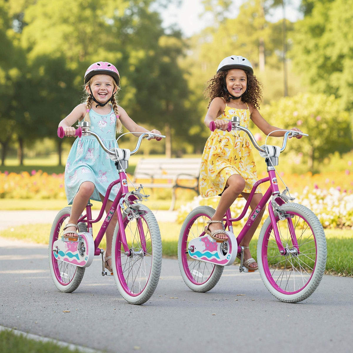 Pink kids bike with 12-18 inch wheels and training wheels, ideal for young children learning to ride.