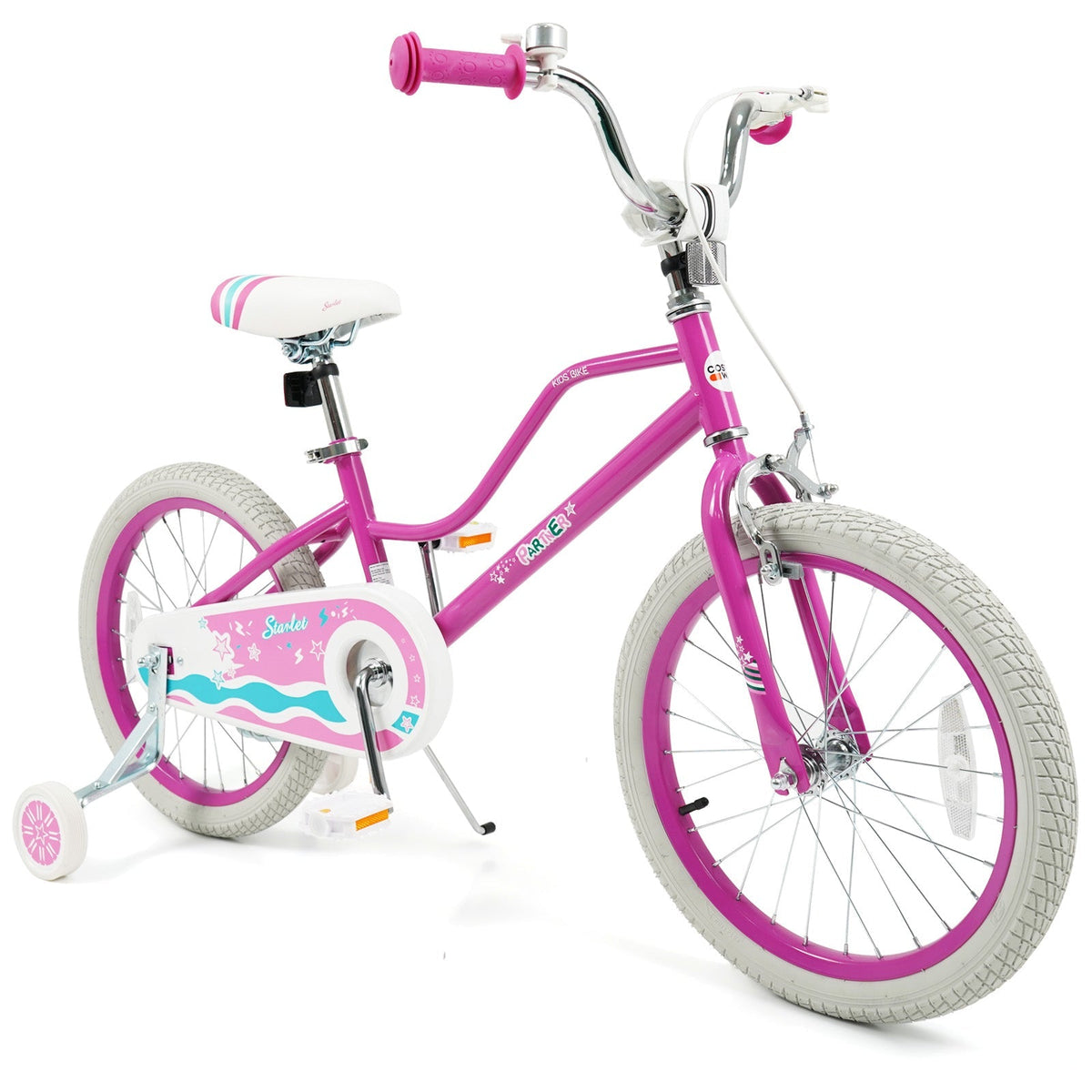 Pink kids bike with 12-18 inch wheels and training wheels, designed for young children, featuring a sturdy frame and colorful details.