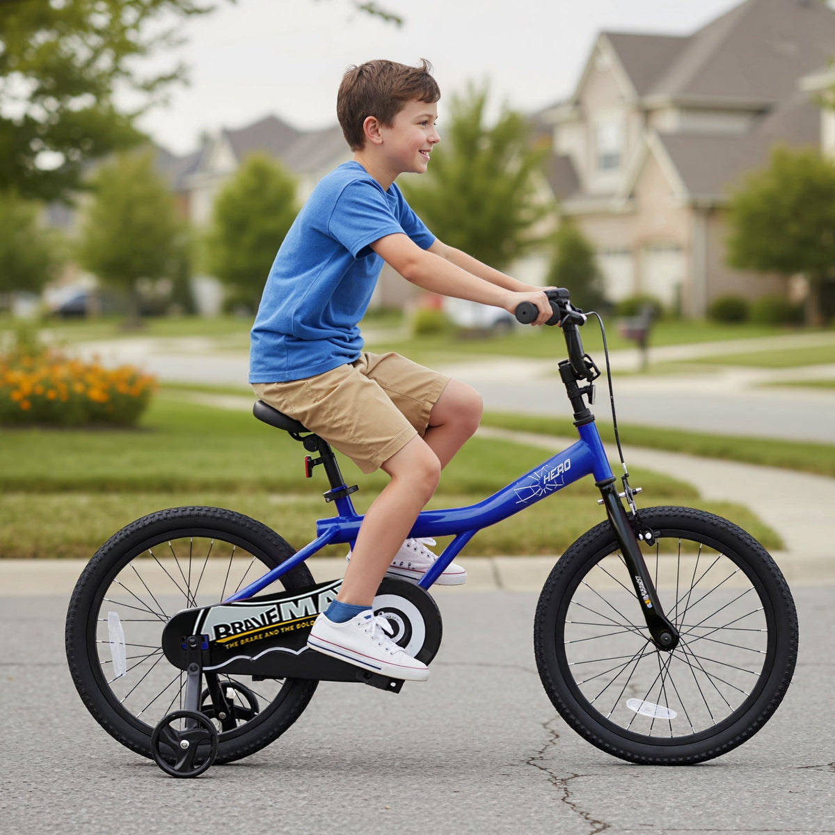 Kids 14-inch navy bike with removable training wheels from GBruno Store, featuring a sturdy frame and colorful design for young riders.