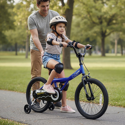 Kids 14-inch navy bike with removable training wheels, designed for children, featuring a sturdy frame and colorful details.