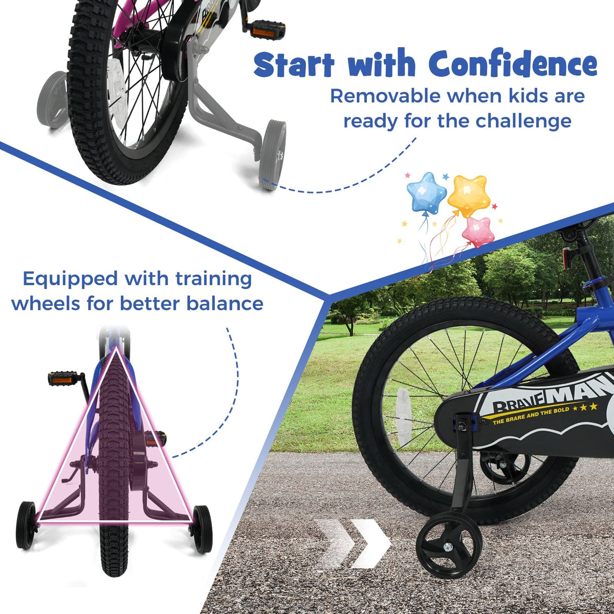 Kids navy 14-inch bike with removable training wheels from GBruno Store, featuring a sturdy frame and colorful design for young riders.