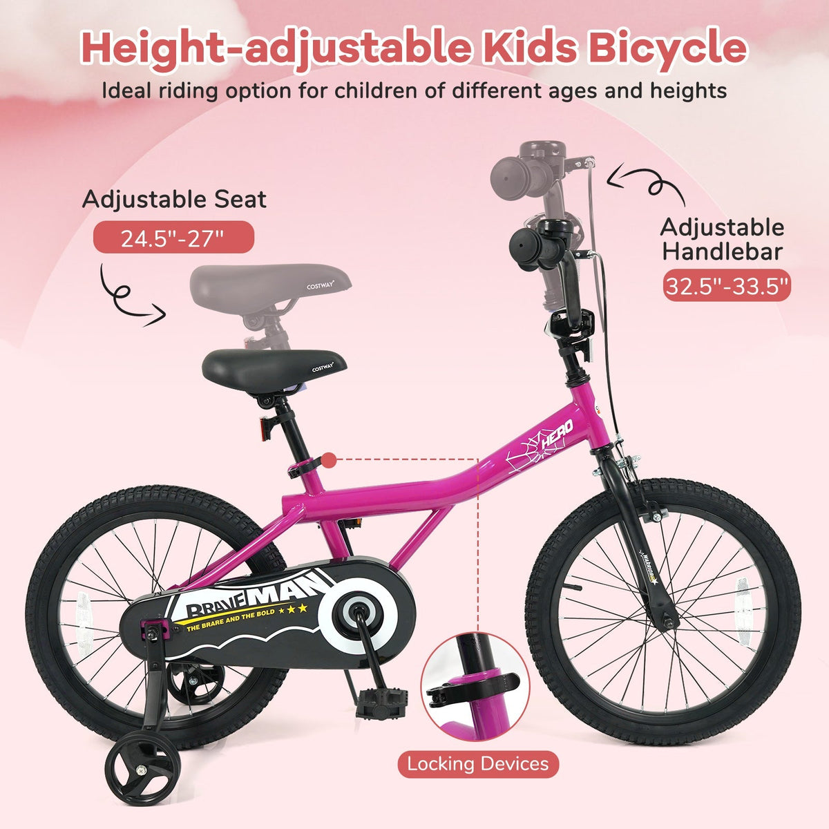 Pink Kids Bike by GBruno Store with 14-inch wheels and removable training wheels, suitable for young children.