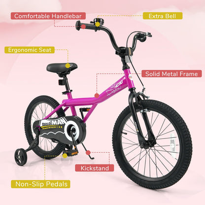 Pink 14-inch kids bike with removable training wheels and colorful handlebar grips, perfect for young children learning to ride.