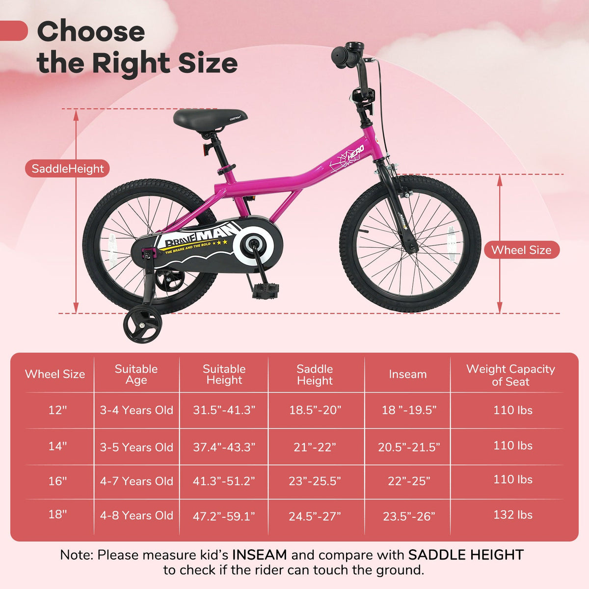 Pink 14-inch kids bike with removable training wheels from GBruno Store, featuring a sturdy frame and colorful design for young riders.