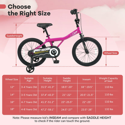 Pink 14-inch kids bike with removable training wheels from GBruno Store, featuring a sturdy frame and colorful design for young riders.
