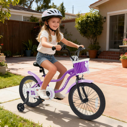 Purple kids bike with training wheels, 12-18 inch size, designed for young children, featuring durable frame and colorful accents.