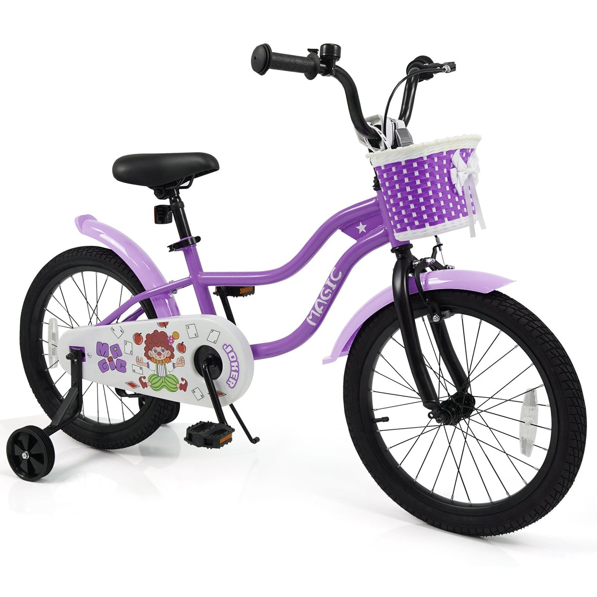 Purple kids bike with training wheels, 12-18 inch size, designed for young children, featuring a sturdy frame and colorful accents.