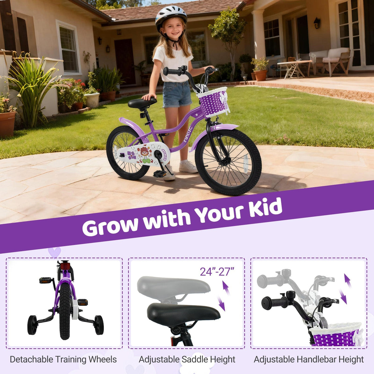 Purple 12-18 inch kids bike with training wheels, GBruno Store, showing a colorful children's bicycle with sturdy training wheels.