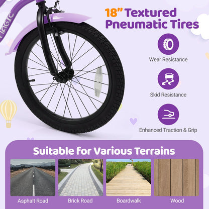 Purple kids bike with training wheels, 12-18 inch size, suitable for beginners and young riders, featuring a sturdy frame and colorful design.