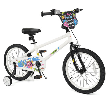 White kids bike with training wheels, 12-18 inch size, suitable for young children, featuring a sturdy frame and colorful accents.