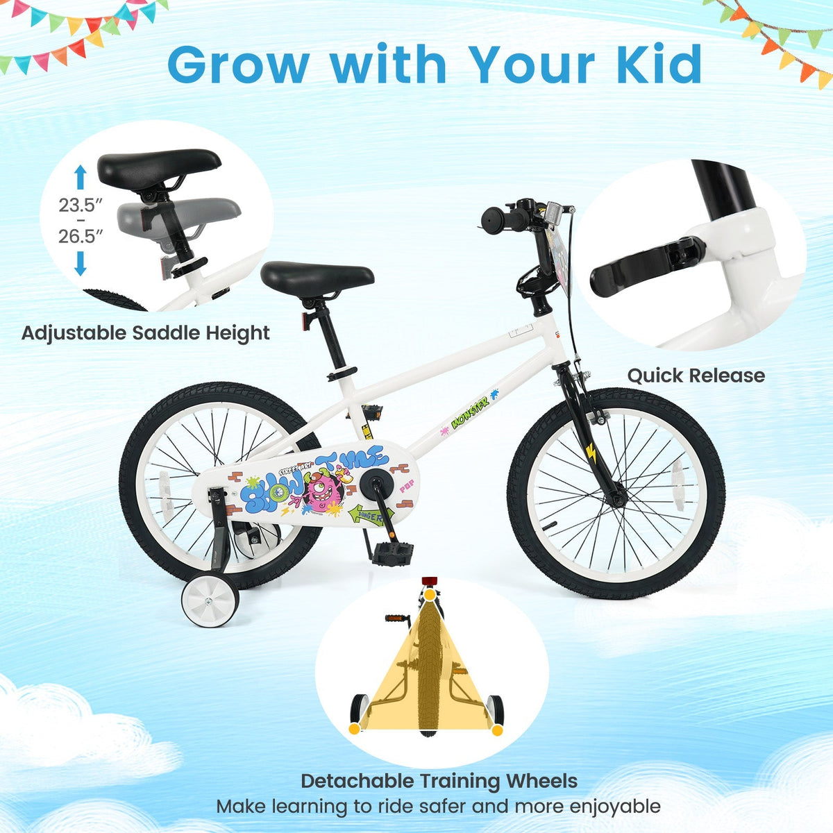 White kids bike with training wheels, 12-18 inch size, perfect for young children learning to ride, by GBruno Store.