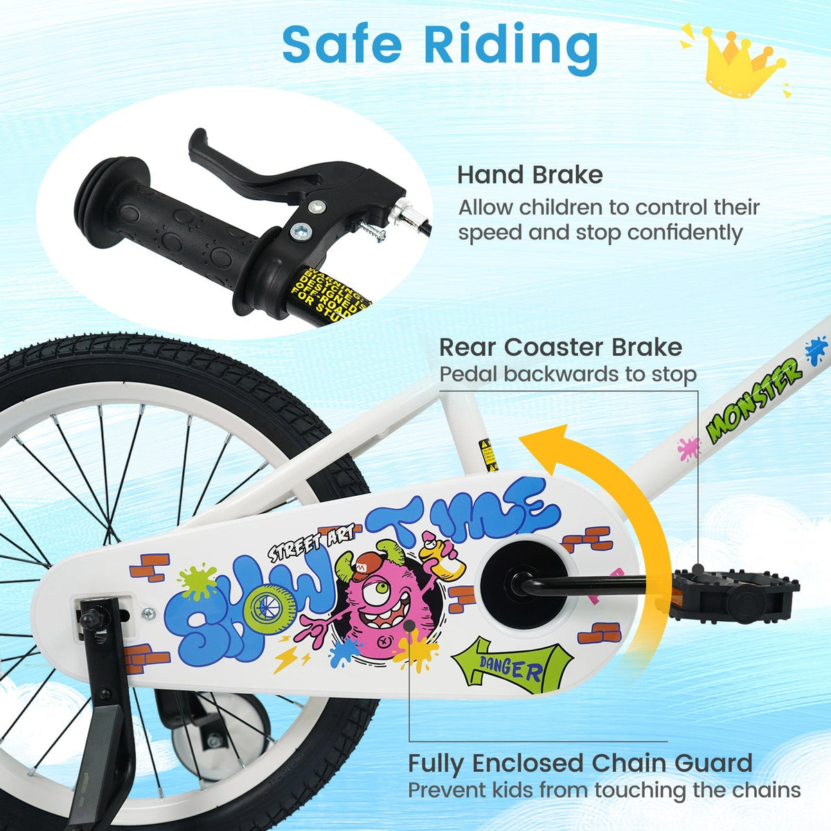 White kids bike with training wheels, 12-18 inch size, suitable for young children, by GBruno Store.