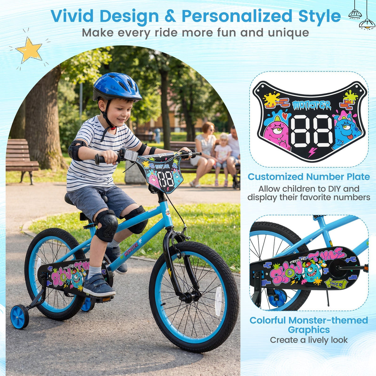 Kids 16-inch bike with training wheels for ages 4-7, featuring colorful frame and safety handlebars, by GBruno Store.