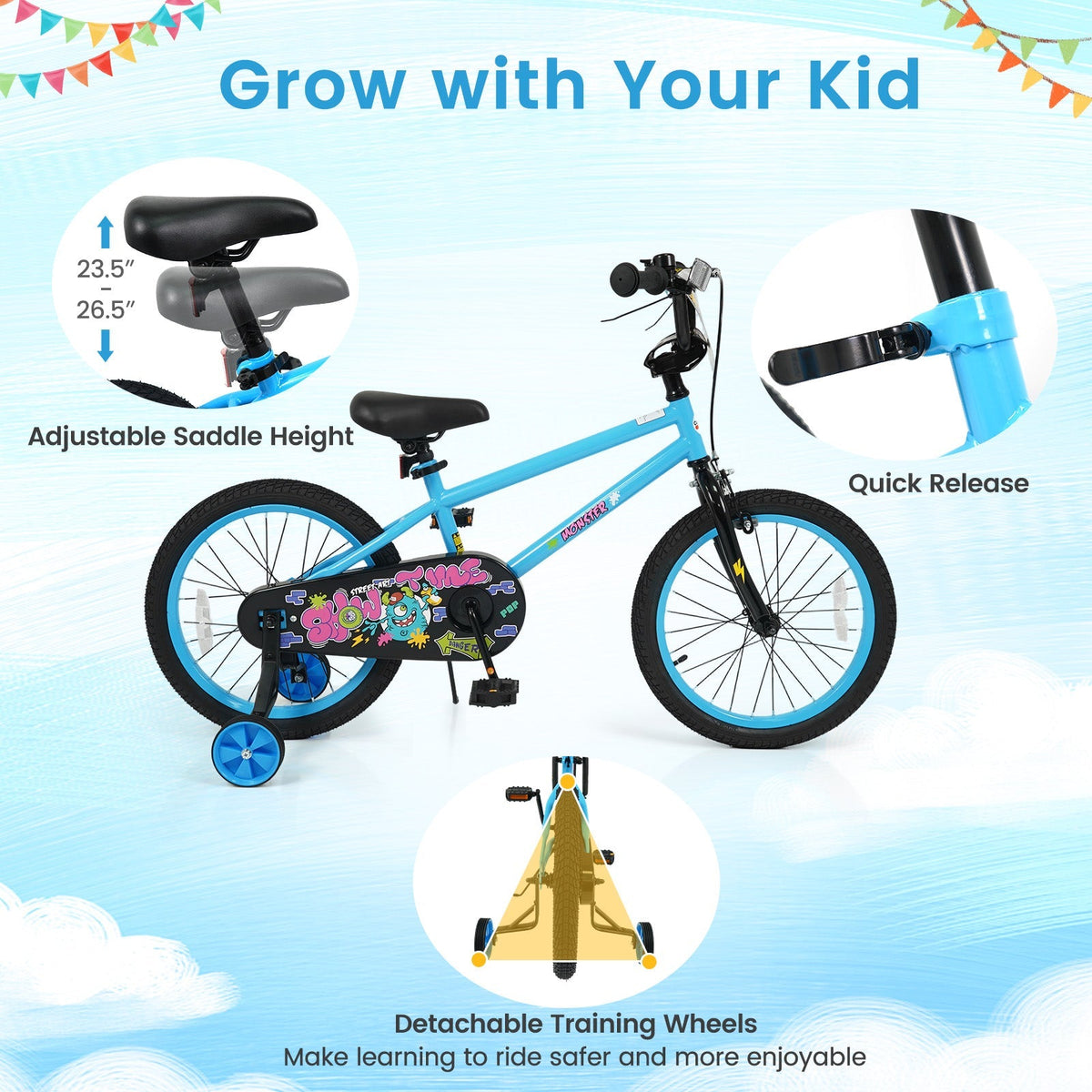 16-inch kids bike with training wheels from GBruno Store, suitable for children aged 4 to 7, featuring colorful design and safety features.