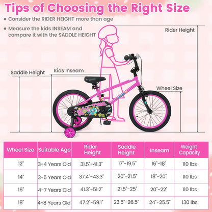 Pink kids bike with training wheels, 12-18 inch size, featuring a sturdy frame and colorful design for young children.