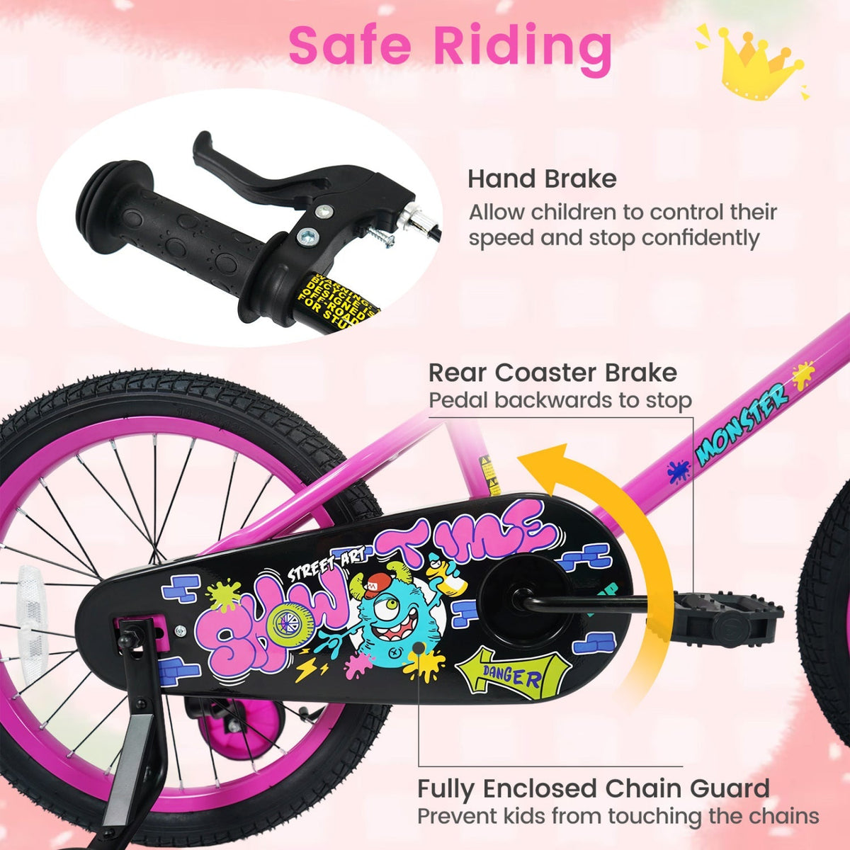 Pink 12-18 inch kids bike with training wheels from GBruno Store, featuring a sturdy frame and colorful design for young riders.