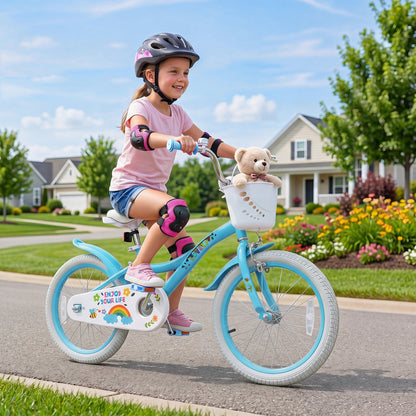 Girls kids bike with 12-18 inch wheels, training wheels and a front basket, by GBruno Store.