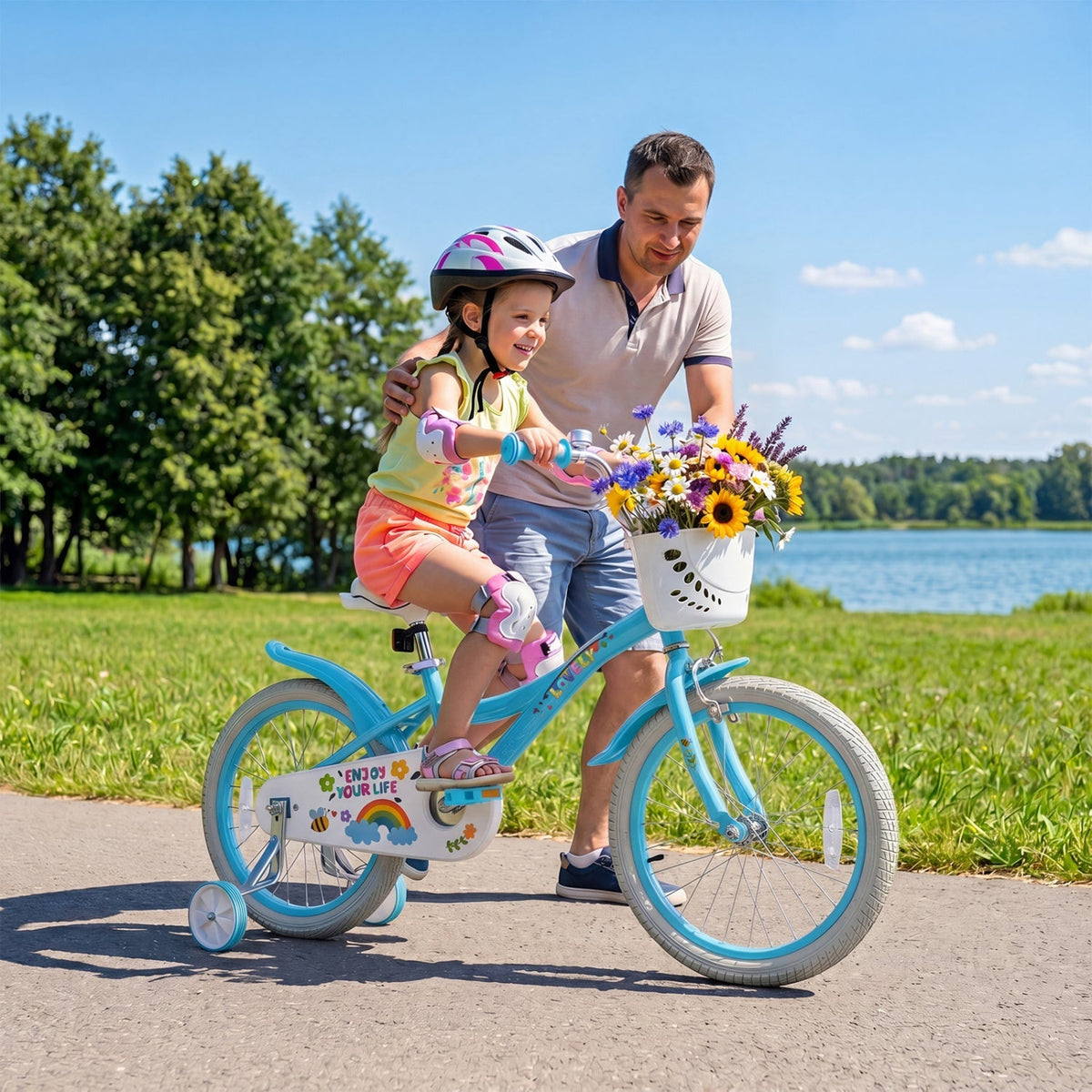 Girls kids bike with 12-18 inch wheels, training wheels, and front basket, featuring a colorful frame and adjustable seat.