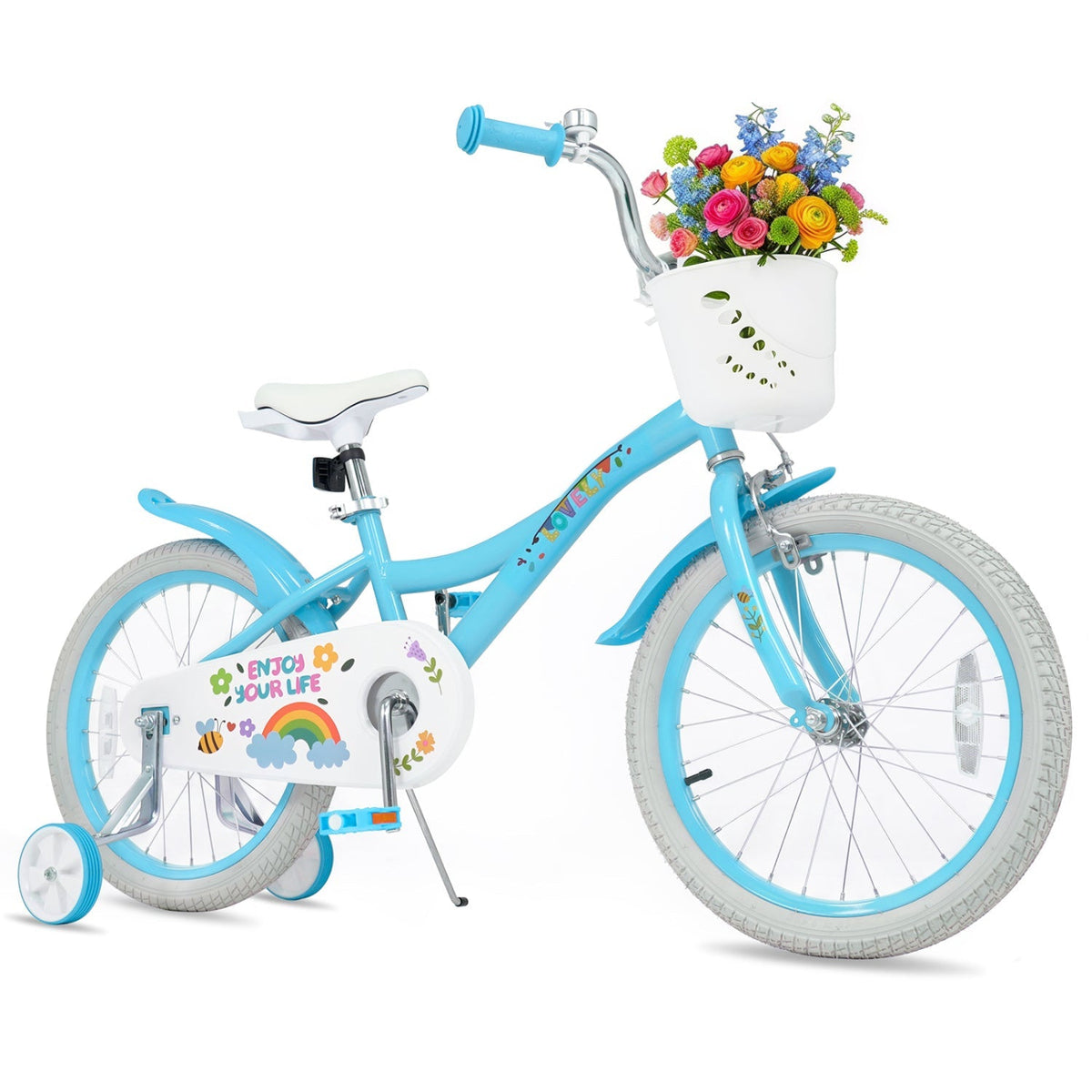 Girls kids bike with 12-18 inch wheels, training wheels, and front basket, ideal for young children learning to ride.