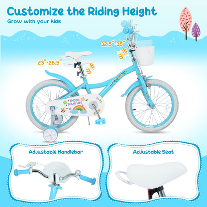 Girls bike for ages 12-18 inches with training wheels and basket, featuring a colorful frame and comfortable seat.
