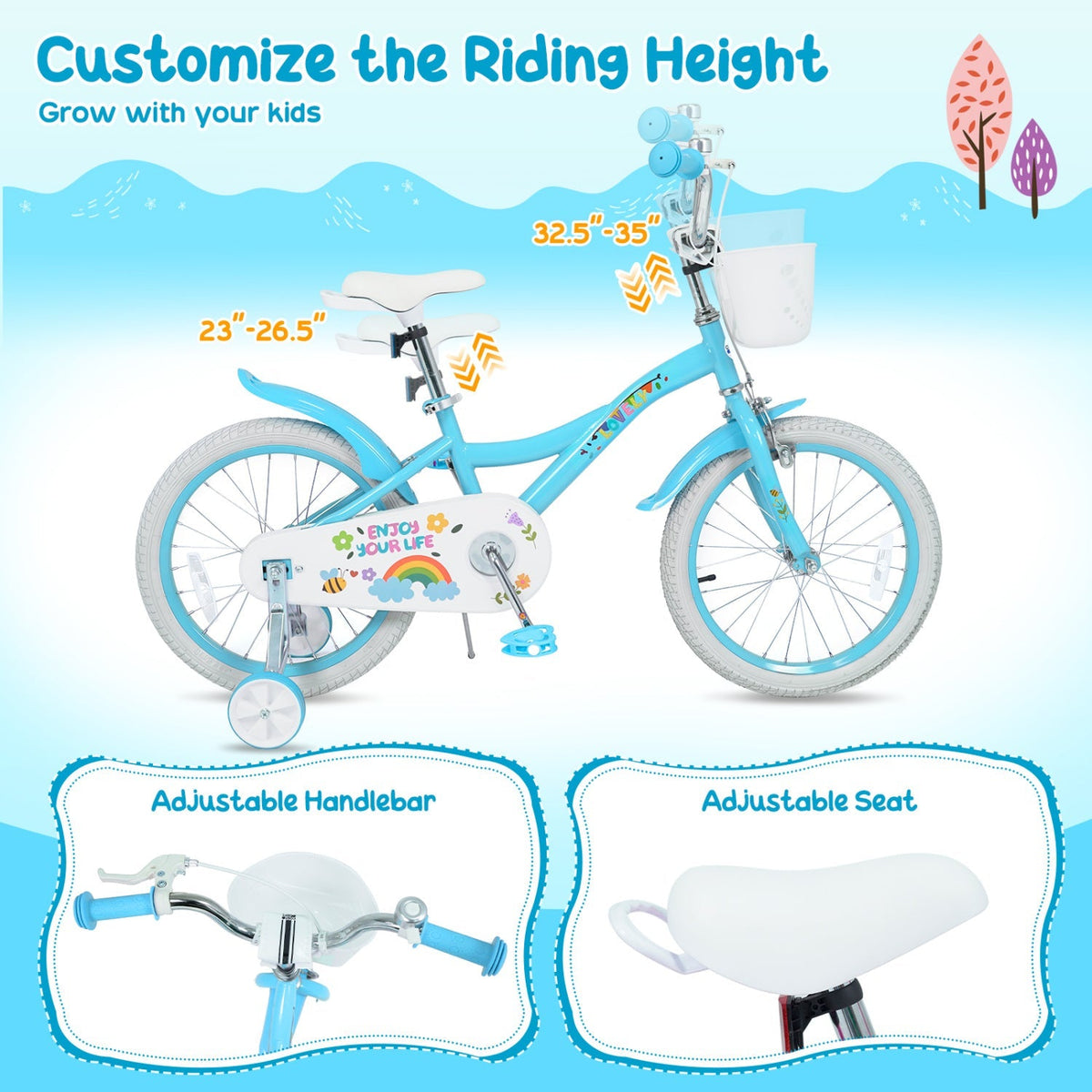Girls kids bike with 12-18 inch wheels, training wheels, and a front basket, featuring a colorful frame and sturdy design.