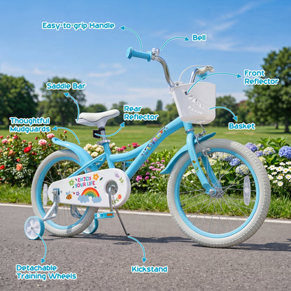 Girls' kids bike with 12-18 inch wheels, training wheels, and basket, featuring a colorful frame and comfortable seat.