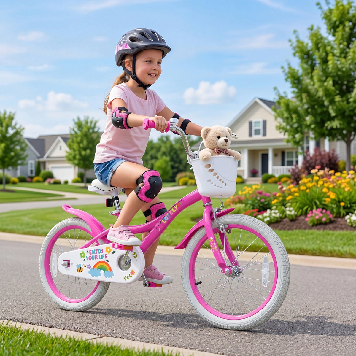 Girls kids bike with 18-inch wheels, training wheels, and a front basket, designed for ages 12-18 from GBruno Store.