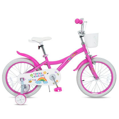 Girls bike for ages 12-18 inches with training wheels and a front basket, featuring a colorful frame and adjustable seat.
