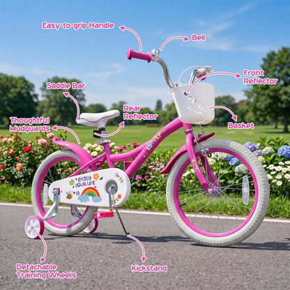 Girls 12-18 inch Kids Bike with training wheels and basket, featuring a colorful frame and safety features for young riders.