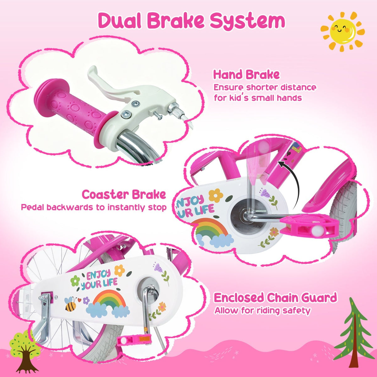 Girls kids bike with 12-18 inch wheels, training wheels and front basket, featuring colorful frame and ergonomic design.