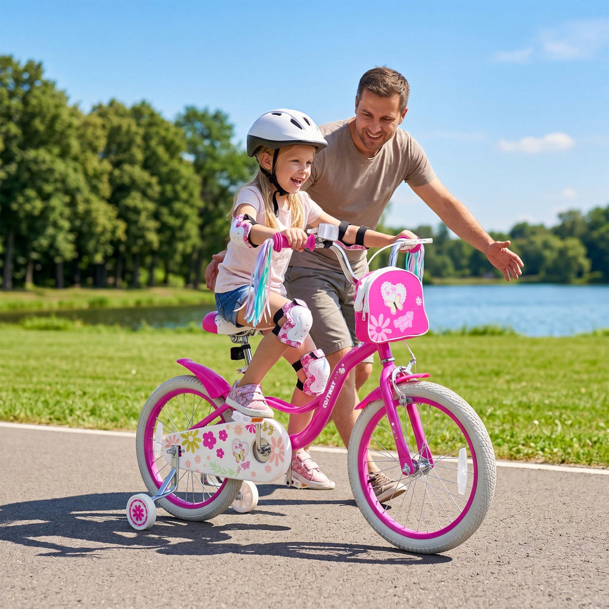 Girls bike for ages 12-18 inches with training wheels and front bag, featuring a colorful frame and comfortable seat.