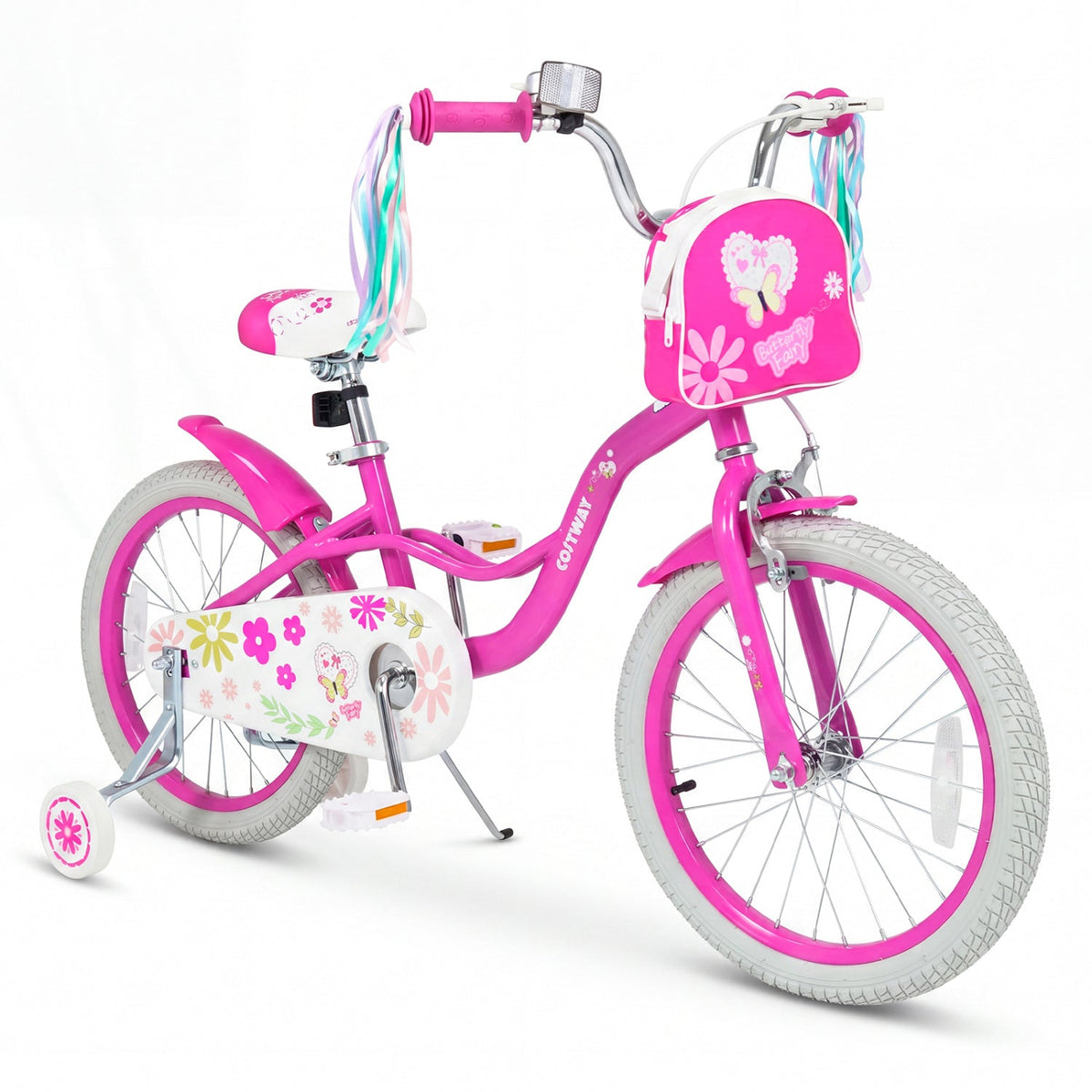Girls 12-18 inch kids bike with training wheels and front bag, featuring a colorful frame and adjustable seat for young riders.