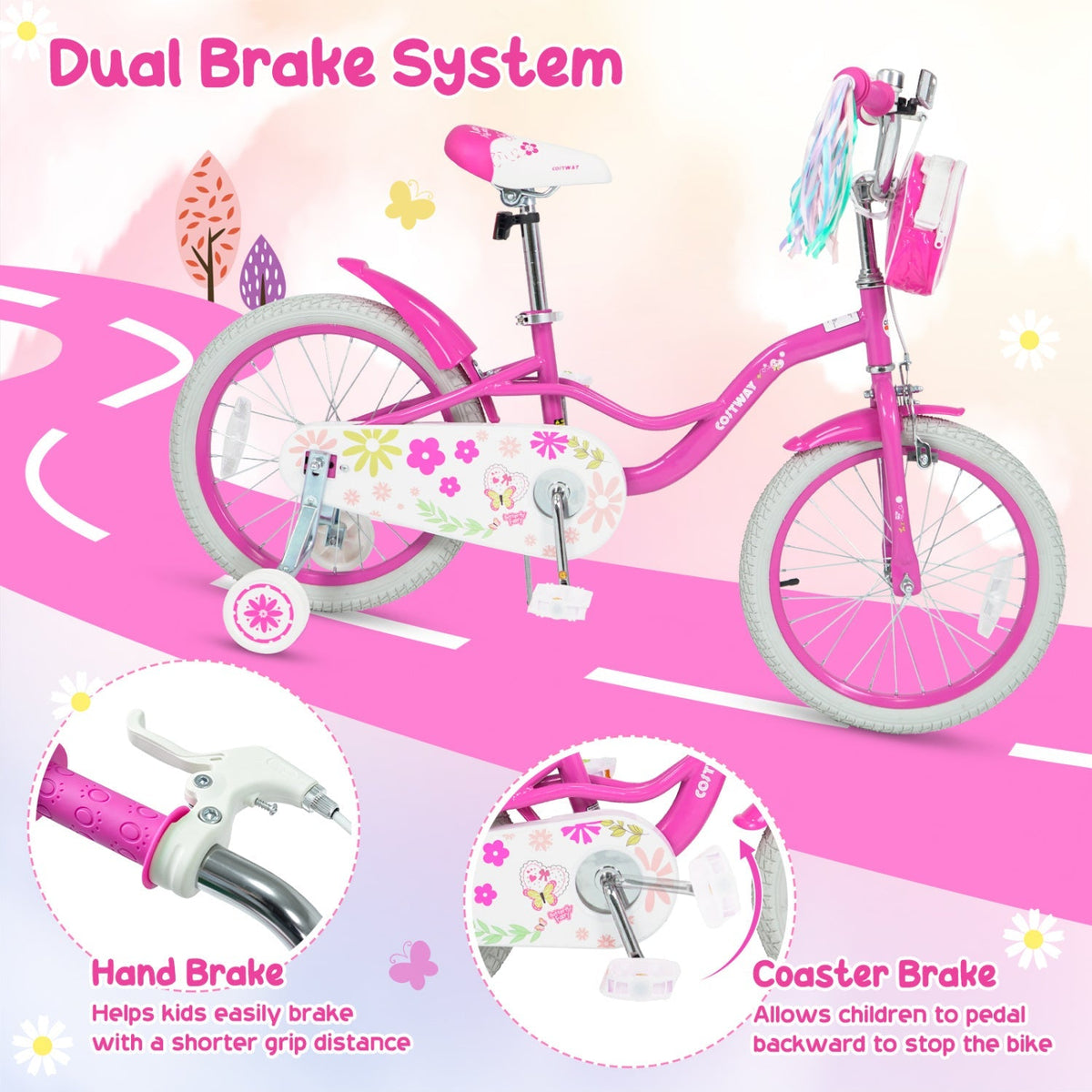 Girls bike for ages 12-18 inches by GBruno Store, with training wheels and a front bag, suitable for young riders.