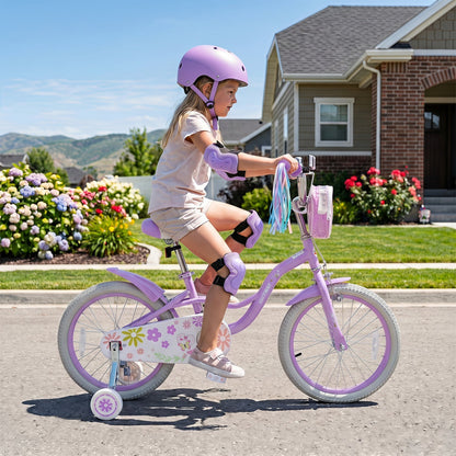 Girls 18-inch kids bike with training wheels and front bag, featuring a colorful frame and safety features from GBruno Store.
