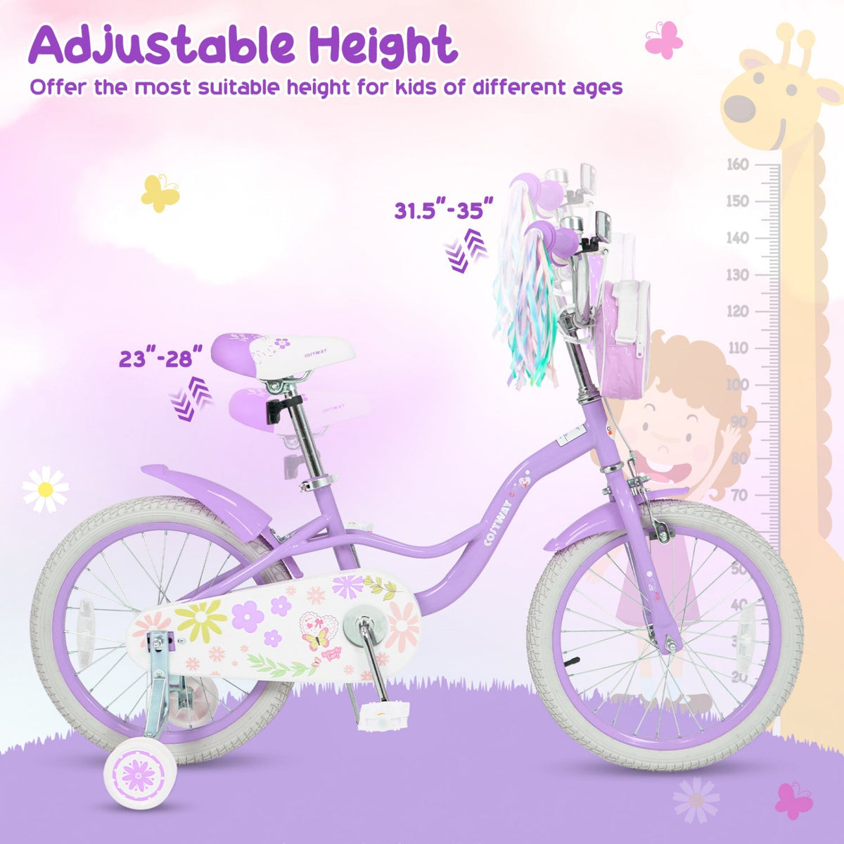 Girls 18-inch kids bike with training wheels and front bag, featuring a colorful frame and adjustable seat for young riders.