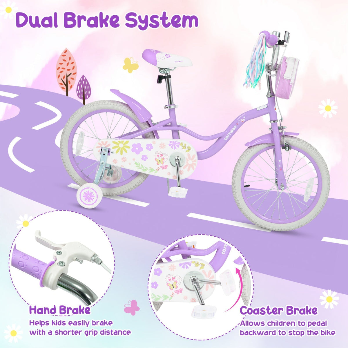 Girls 18-inch kids bike with training wheels and front bag, featuring a colorful frame and sturdy design for young riders.
