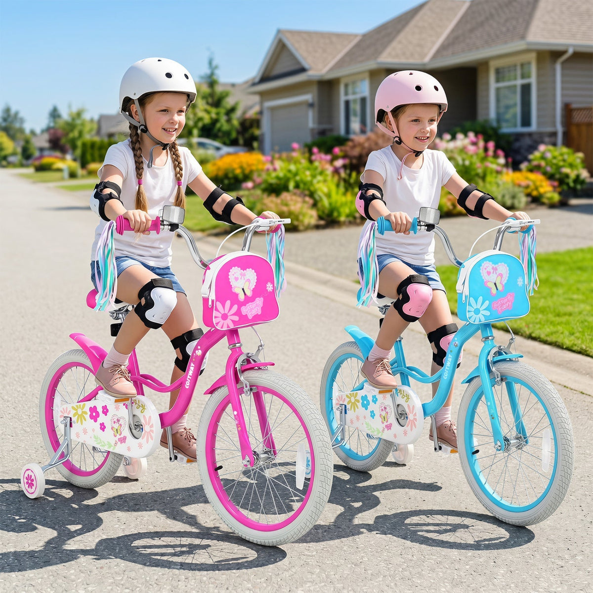 Girls kids bike with 12-18 inch wheels, training wheels, and front bag, featuring a colorful frame and comfortable seat.