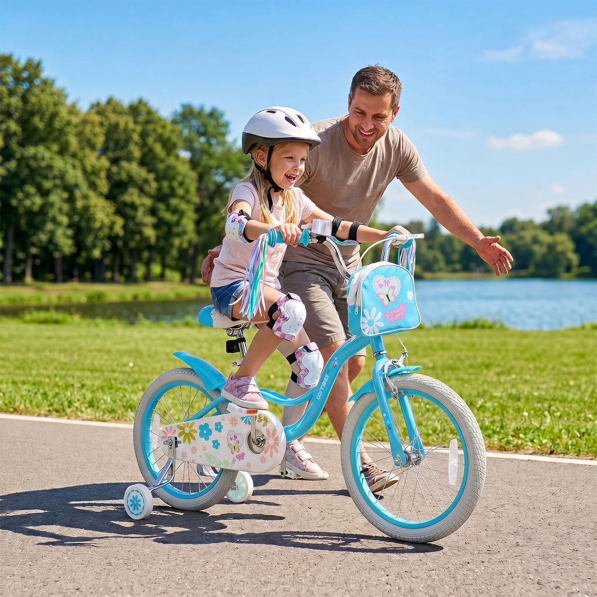 Girls kids bike with 12-18 inch wheels, training wheels, and front bag, made by GBruno Store, suitable for young children.