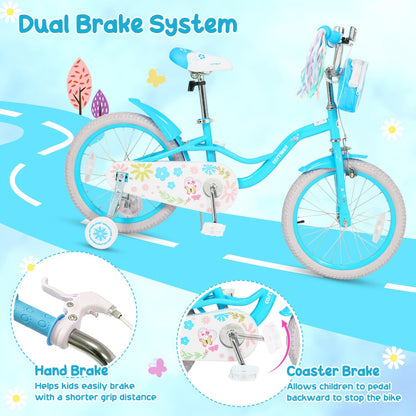 Girls 12-18 inch kids bike with training wheels and front bag, featuring a colorful frame and comfortable seat for young riders.