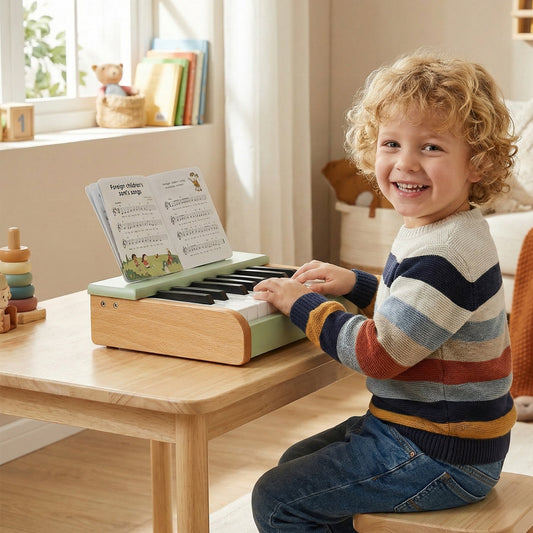 Wooden 18-key kids' musical toy piano with music stand, designed for young children to explore music and creativity.