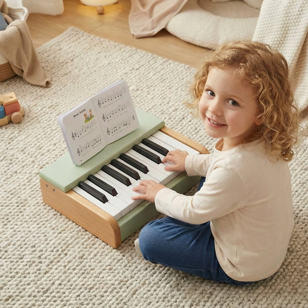 Wooden 18-key kids' piano musical toy with music stand, bright colorful design for young children to explore music and play.