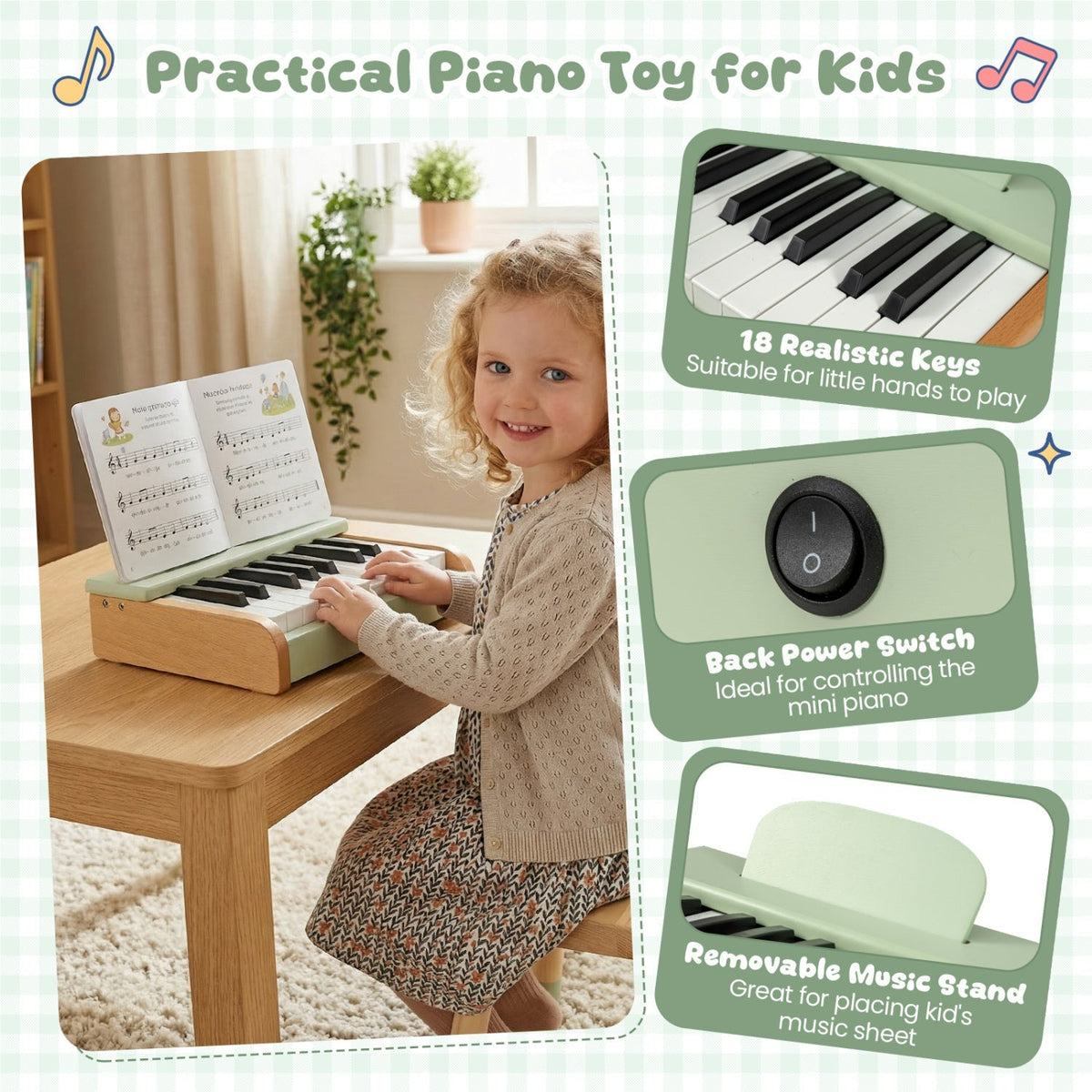 Wooden 18-key kids' piano with music stand, colorful musical toy for children, made by GBruno Store