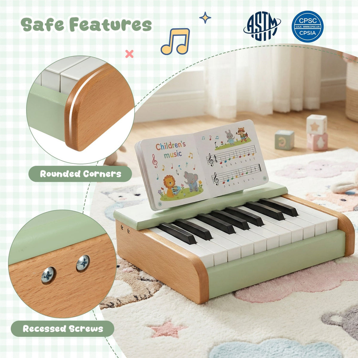 Wooden 18-key kids' musical piano with a music stand, designed for young children to play and learn music.