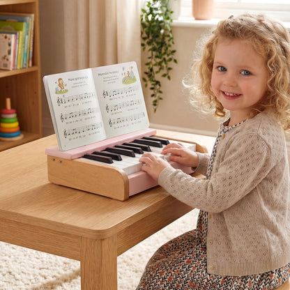 Wooden 18-key kids' piano with music stand, musical toy for children, by GBruno Store, featuring colorful keys and simple design.
